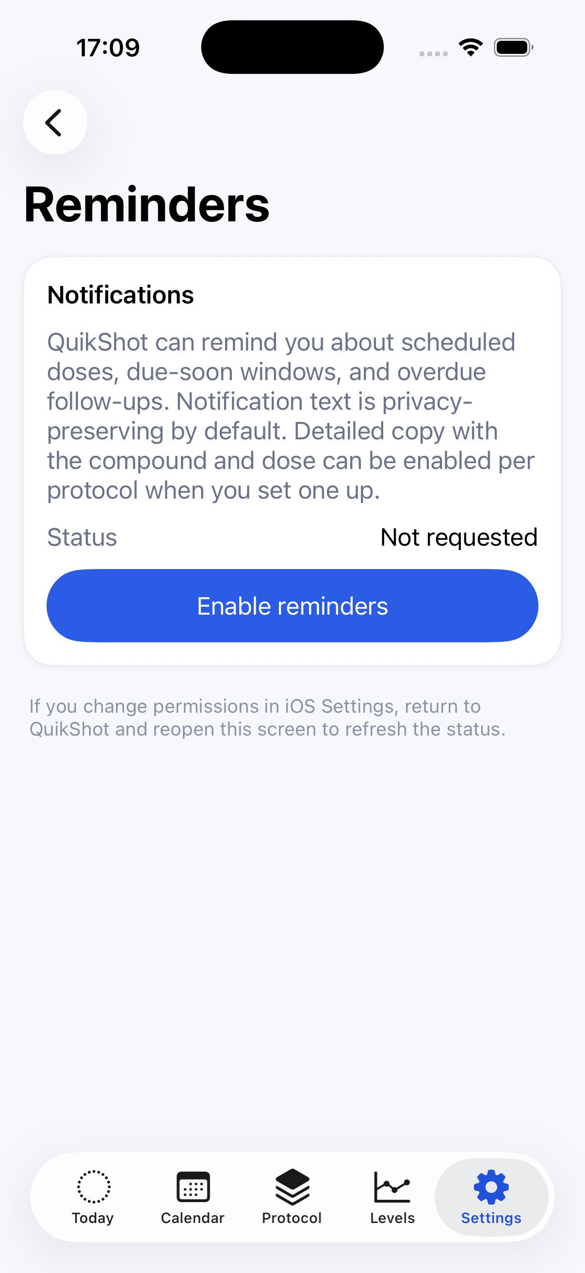 Reminder settings and enable action