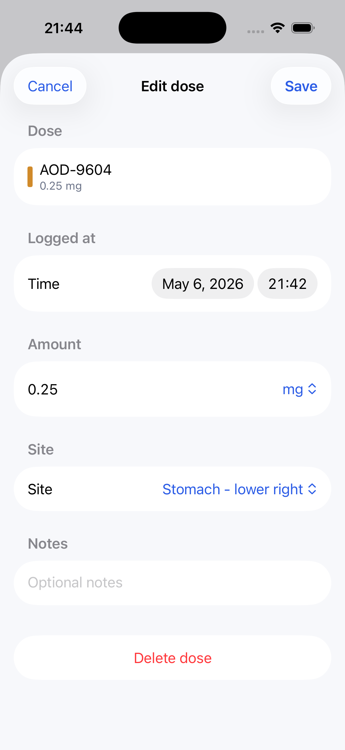 Edit existing logged dose sheet