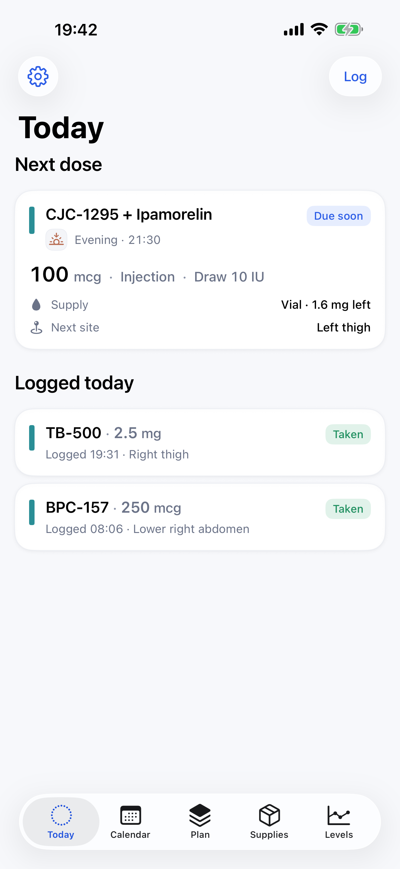 QuikShot Today view showing upcoming doses, supply context, and logged history